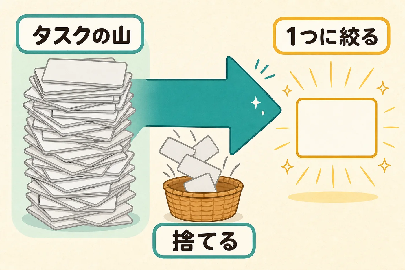 タスクの山から1つに絞り、残りを捨てることを示す図