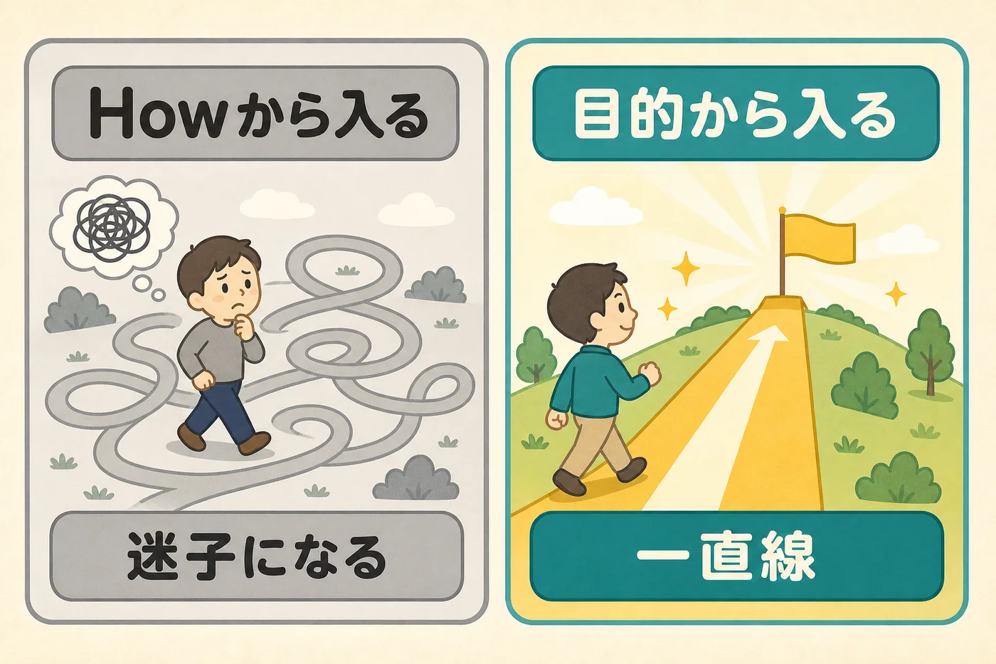 Howから入ると迷子になり、目的から入ると一直線に進むことを対比した図