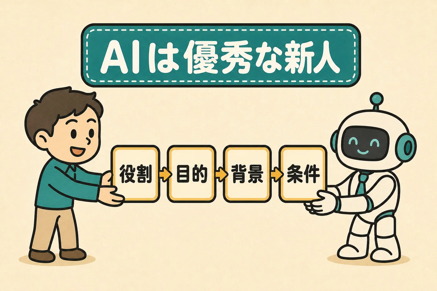 AIは優秀な新人。役割・目的・背景・条件の4枚を渡せば動けることを示す図