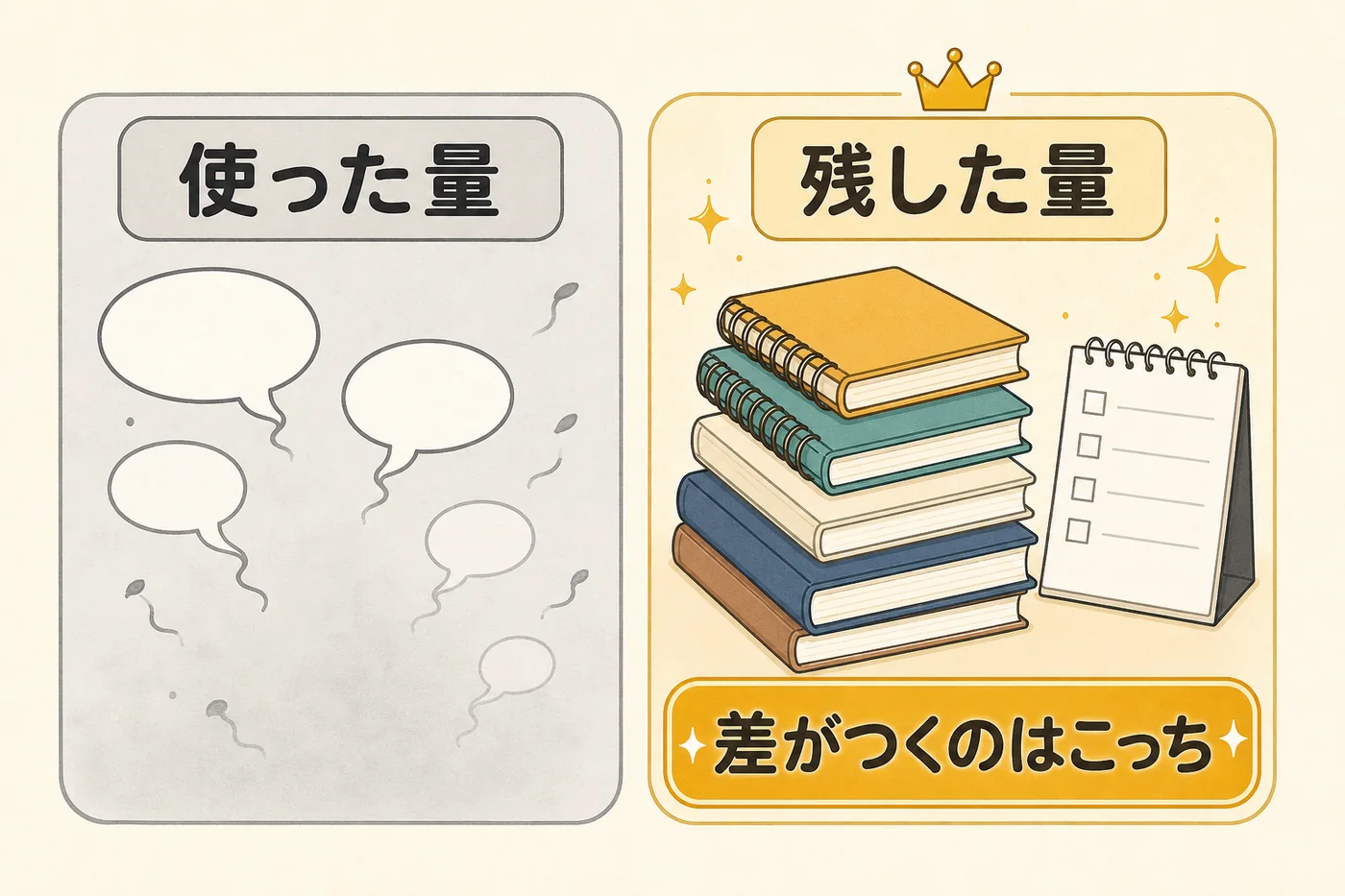 差がつくのは使った量ではなく、残した量であることを対比した図